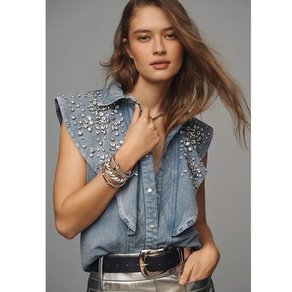 Anthropologie Blue Embellished Denim Blouse